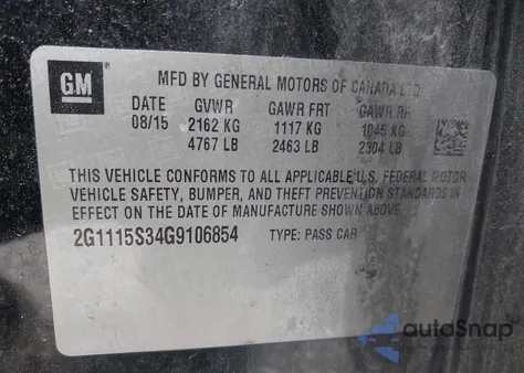 2016 Chevrolet Impala 2Lt z USA, uszkodzony, nr VIN 2G1115S34G9106854